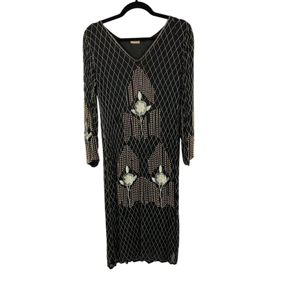 Vintage 100% Silk Beaded Dress Size M - Picture 1 of 10